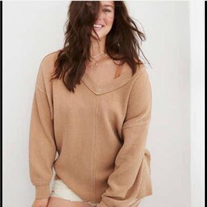 Aerie‎ Wonder Texturized V-neck Pullover Sweatshirt Tan Camel S Oversized